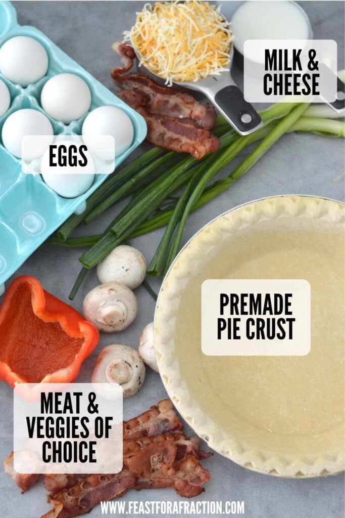 ingredients for quiche: pre-made pie crust, bacon, mushrooms, red pepper, eggs, milk, shredded cheese