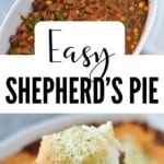 collage of assembling cottage pie and finished dish and title text "easy shepherd's pie)