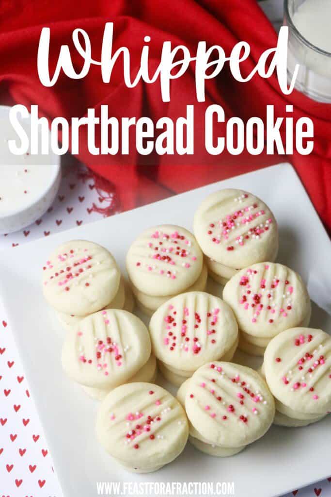 whipped shortbread cookies topped with nonpareils on white platter with title text