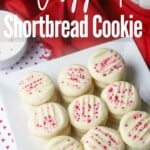 whipped shortbread cookies on square white platter with glass of milk in background and title text