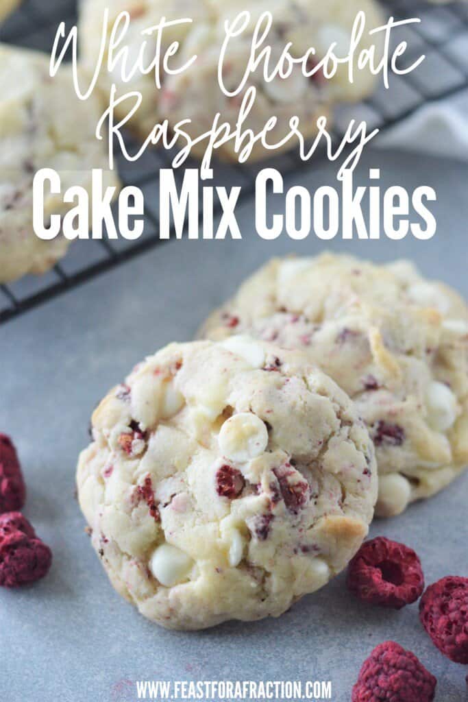 white chocolate raspberry cookies with title text