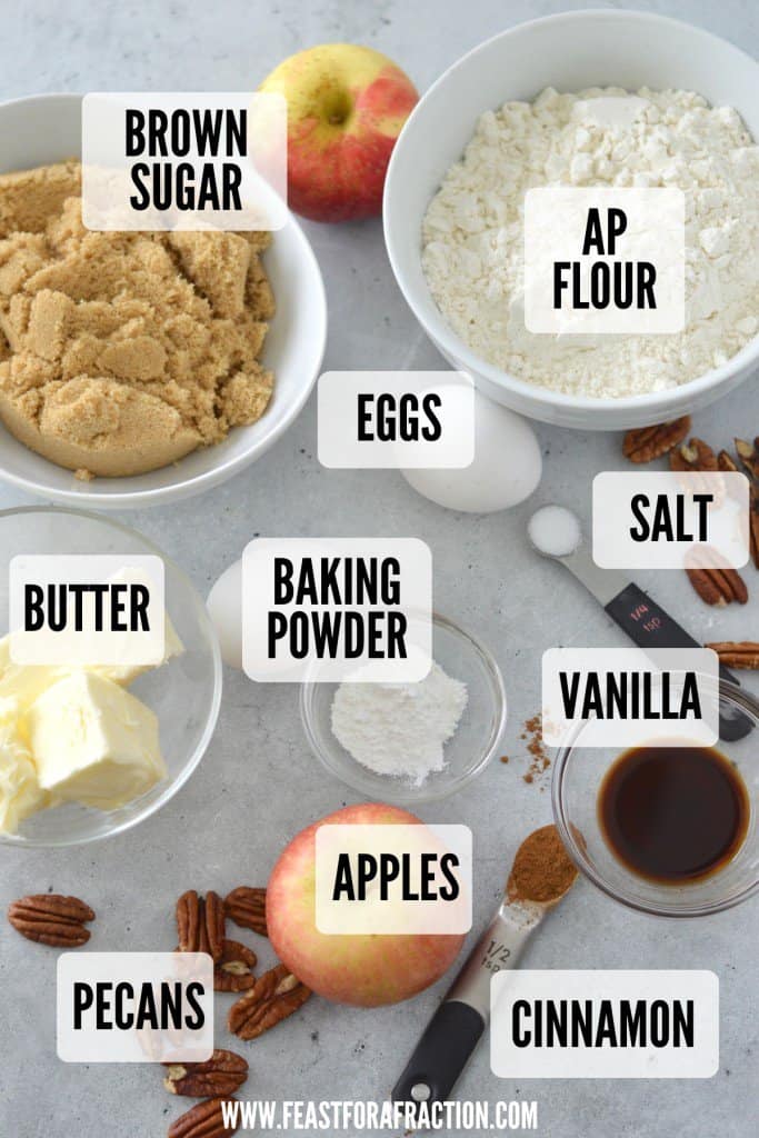 ingredients for apple blondies with text overlay