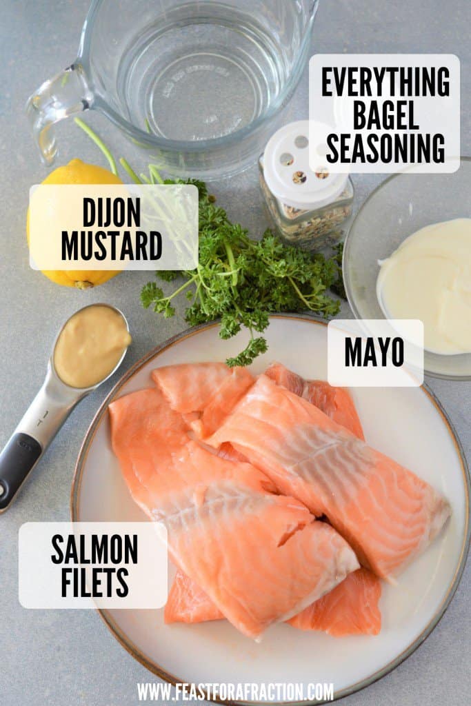 ingredients for everything bagel salmon on counter with text overlay