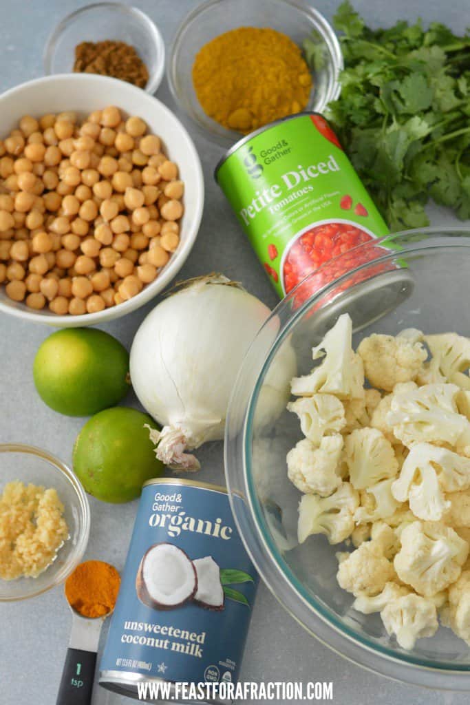 Ingredients for a chickpea and cauliflower curry.