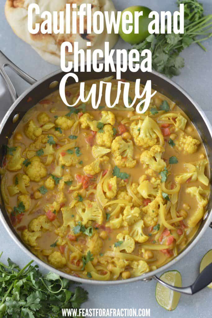 Cauliflower and chickpea curry in pan with title text