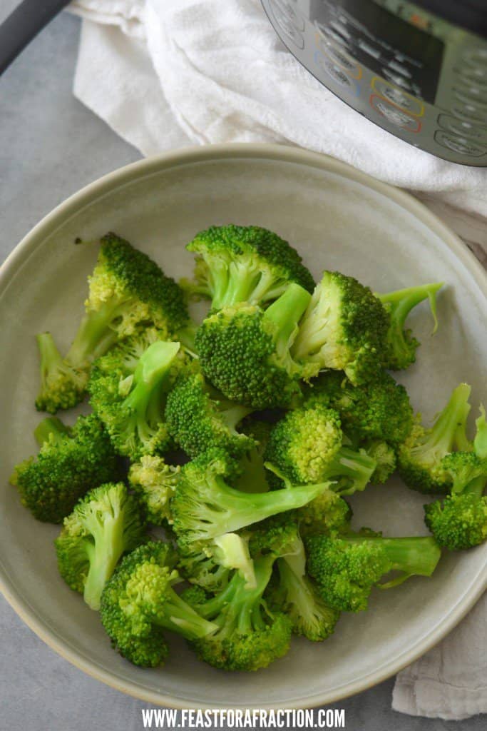 A bowl of steamed broccoli in front of an instant pot.