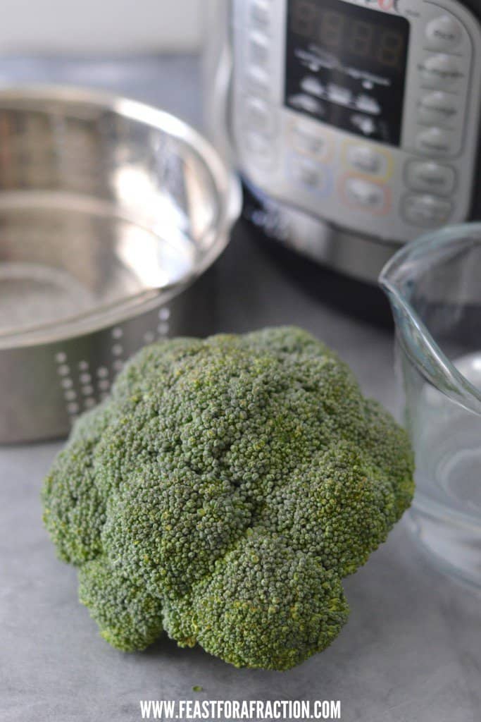 Broccoli bunch and steamer basket in front of an instant pot.