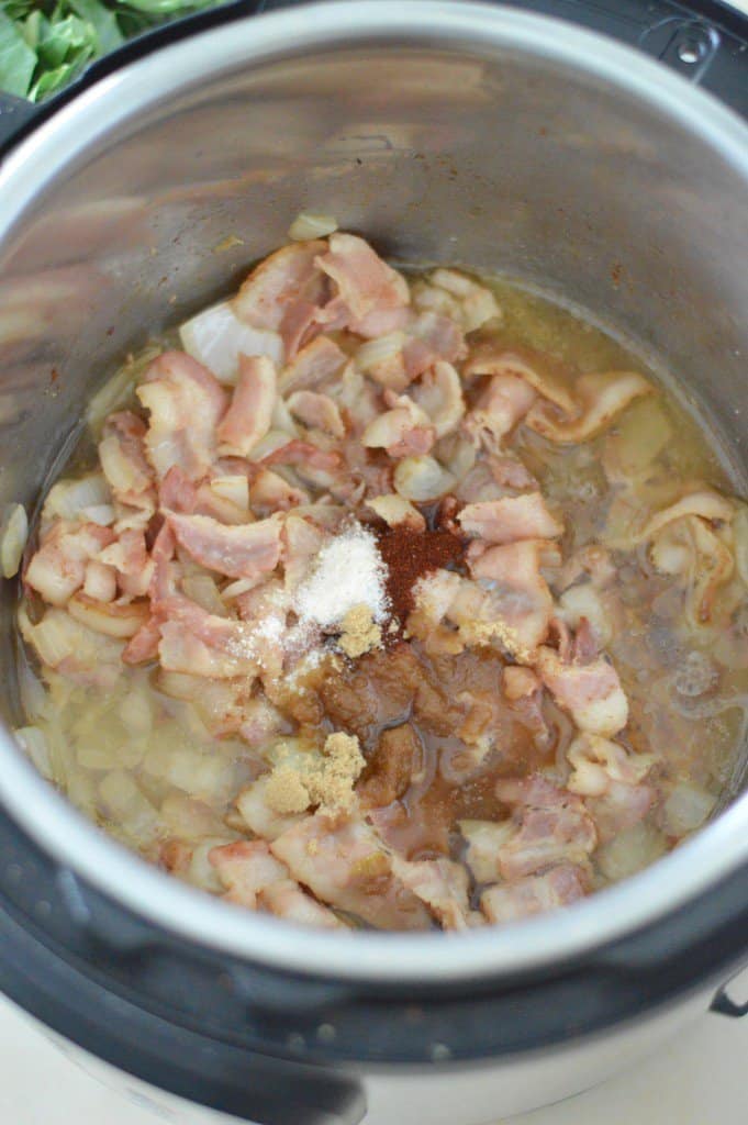 bacon, onions, brown sugar, apple cider vinegar, spices and chicken broth in instant pot