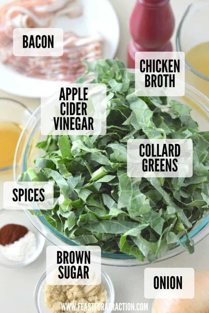 ingredients for instant pot collard greens: collards, chicken broth, bacon, apple cider vinegar, spices, brown sugar, onion