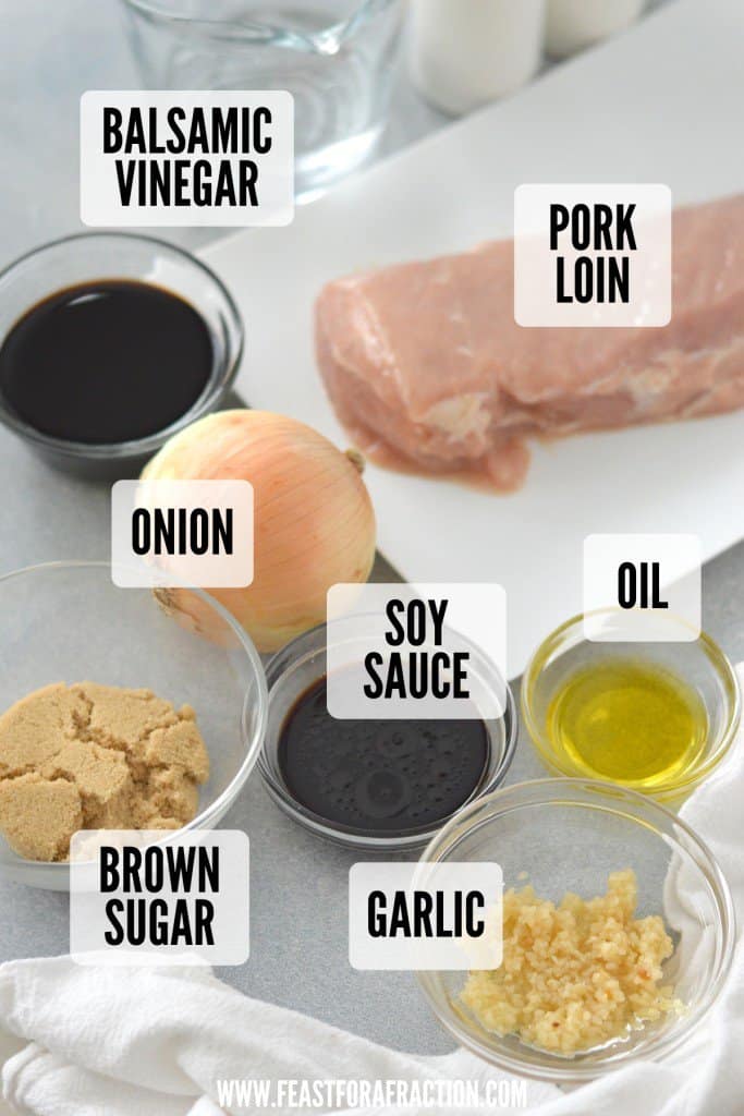 Ingredients for a balsamic pork loin roast recipe.