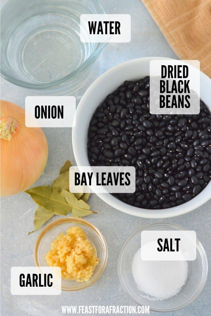 Ingredients for crock pot black beans: water, onion, dried black beans, bay leaves, garlic, salt