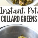 Instant pot collard greens in a white bowl with a fork and instant pot with tongs holding cooked collard greens