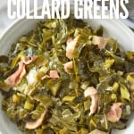 Instant pot collard greens in a white bowl with title text