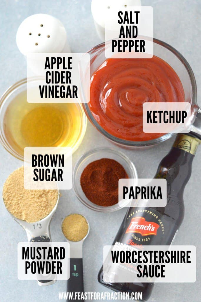 The ingredients for a bbq sauce labeled with text