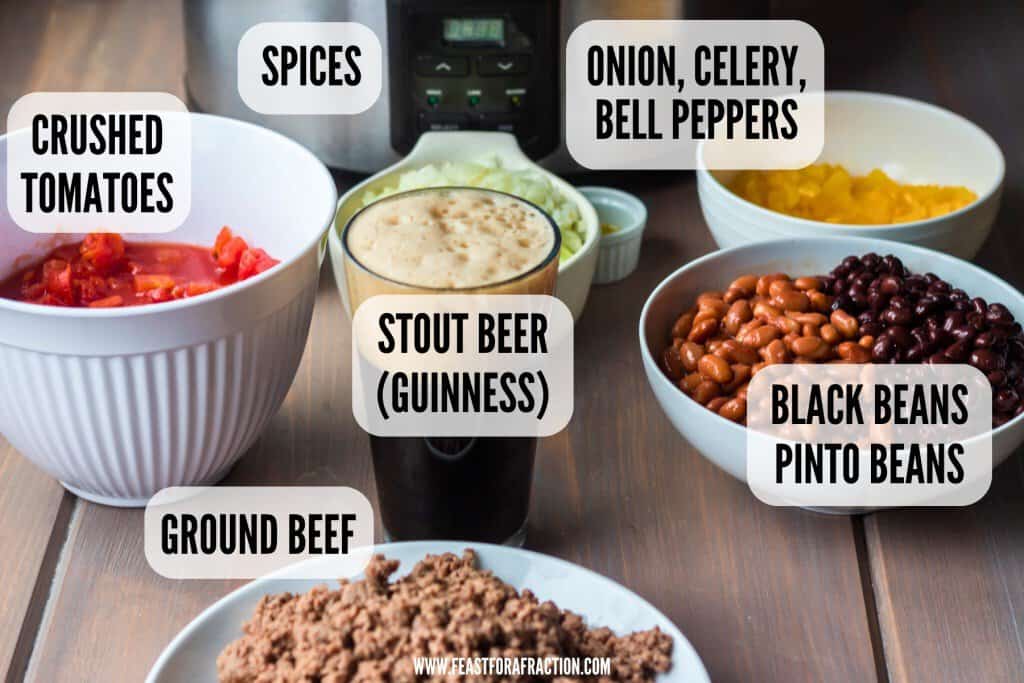 ingredients for guinness chili: crushed tomatoes, spices, onion, celery, bell peppers, black beans, pinto beans, ground beef, stout beer