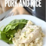 Slow cooker pork and rice on a plate with text overlay