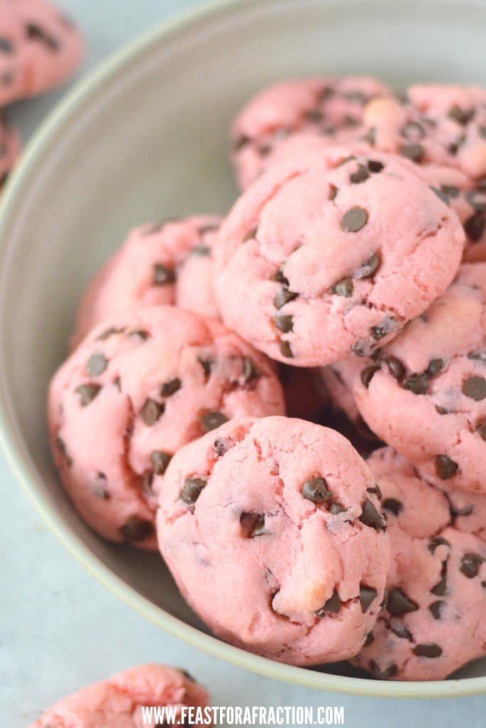 strawberry chocolate chip cookies in a bowl.