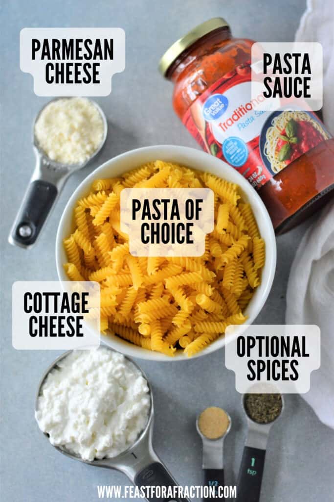 Ingredients for creamy cottage cheese pasta including pasta, parmesan cheese, pasta sauce, cottage cheese, and optional spices