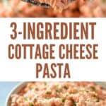 serving spoon of cottage cheese pasta above a bowl - simple 3-ingredient recipe concept.