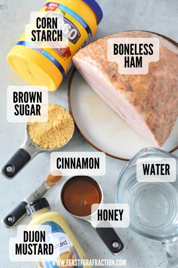Ingredients for instant pot glazed ham recipe displayed on a kitchen counter.