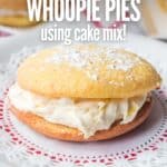 Pineapple whoopie pies made with cake mix, sprinkled with powdered sugar, served on a white doily.