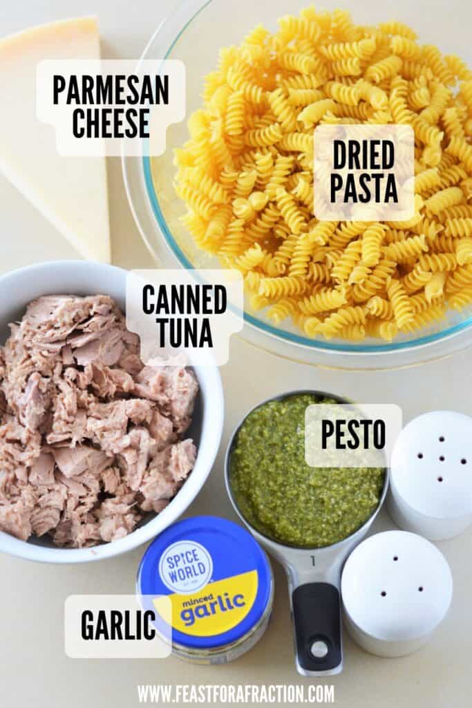 Ingredients for tuna pesto pasta: parmesan cheese, dried pasta, canned tuna, pesto, and garlic