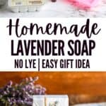 A diy lavender soap-making setup with ingredients, silicone molds, and finished soap bars tied with twine, labeled as an easy, lye-free gift idea.