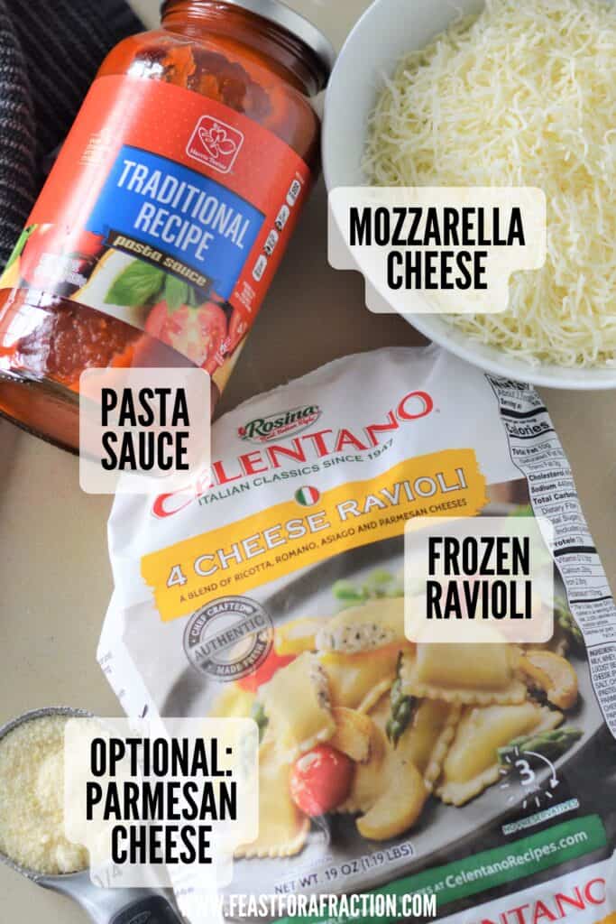 ingredients for lazy lasagna: frozen ravioli, pasta sauce, mozzarella cheese, parmesan cheese